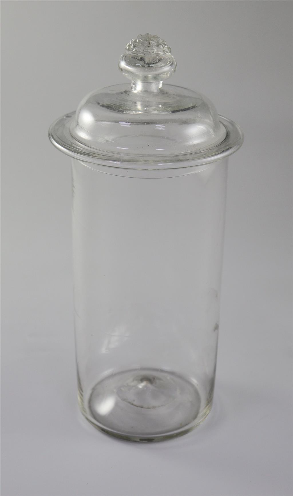 A Georgian glass leech jar and cover, 18th century, 24cm high